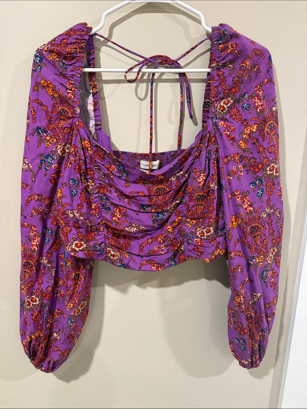 Urban Outfitters Purple Paisley Ruched Long-Sleeve Crop Top